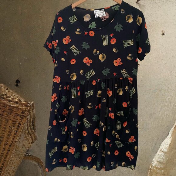 Vintage Tomatoes, Mushrooms, Onions & Other Vegetables Fall Dress L Petites - Picture 1 of 8